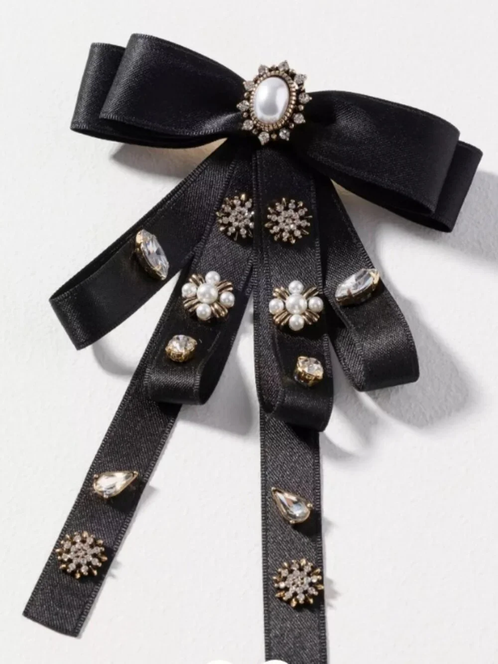 NWT Anthropologie Embellished Pearls/Rhinestones Black Bow Barrette